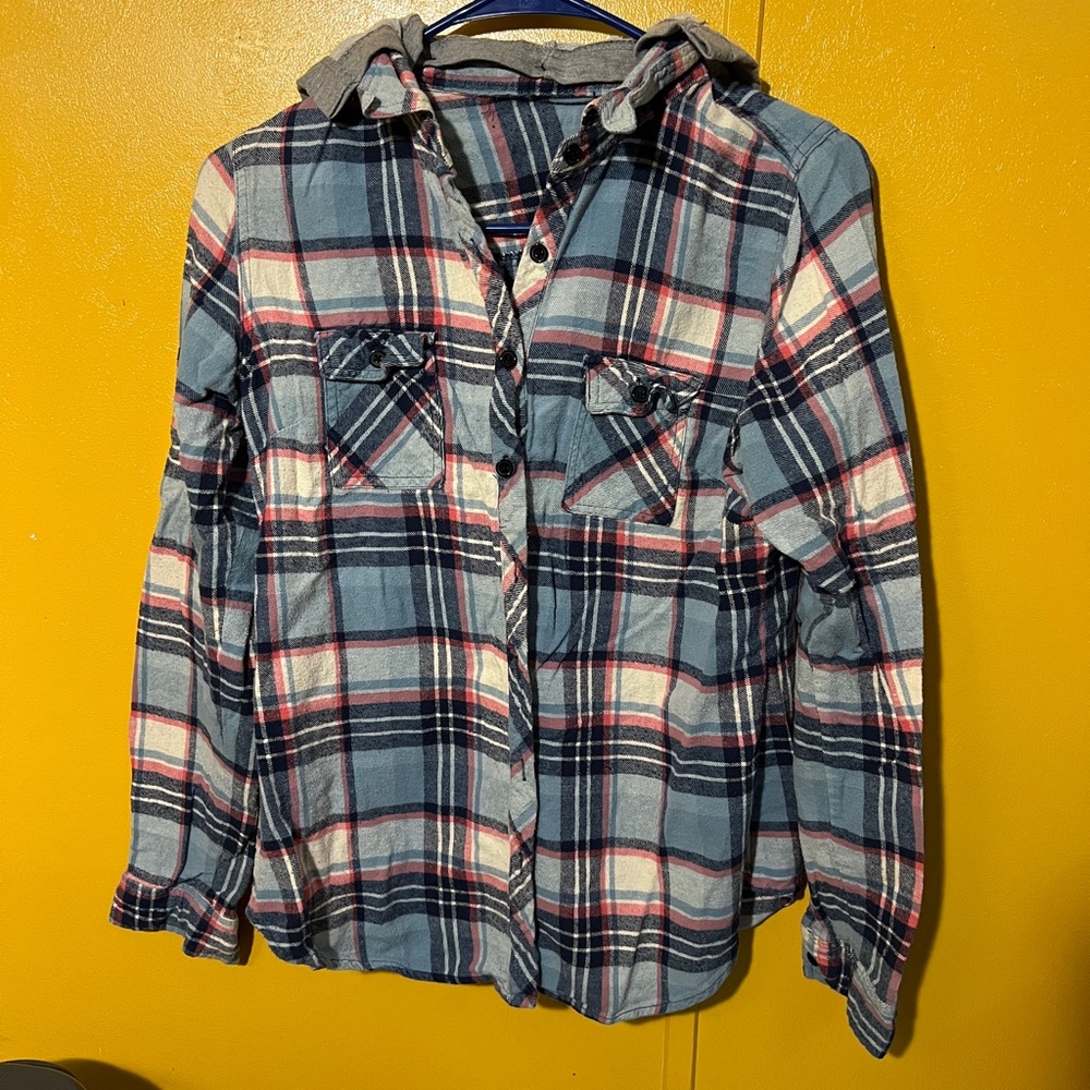 Grey Blue and pink hooded flannel